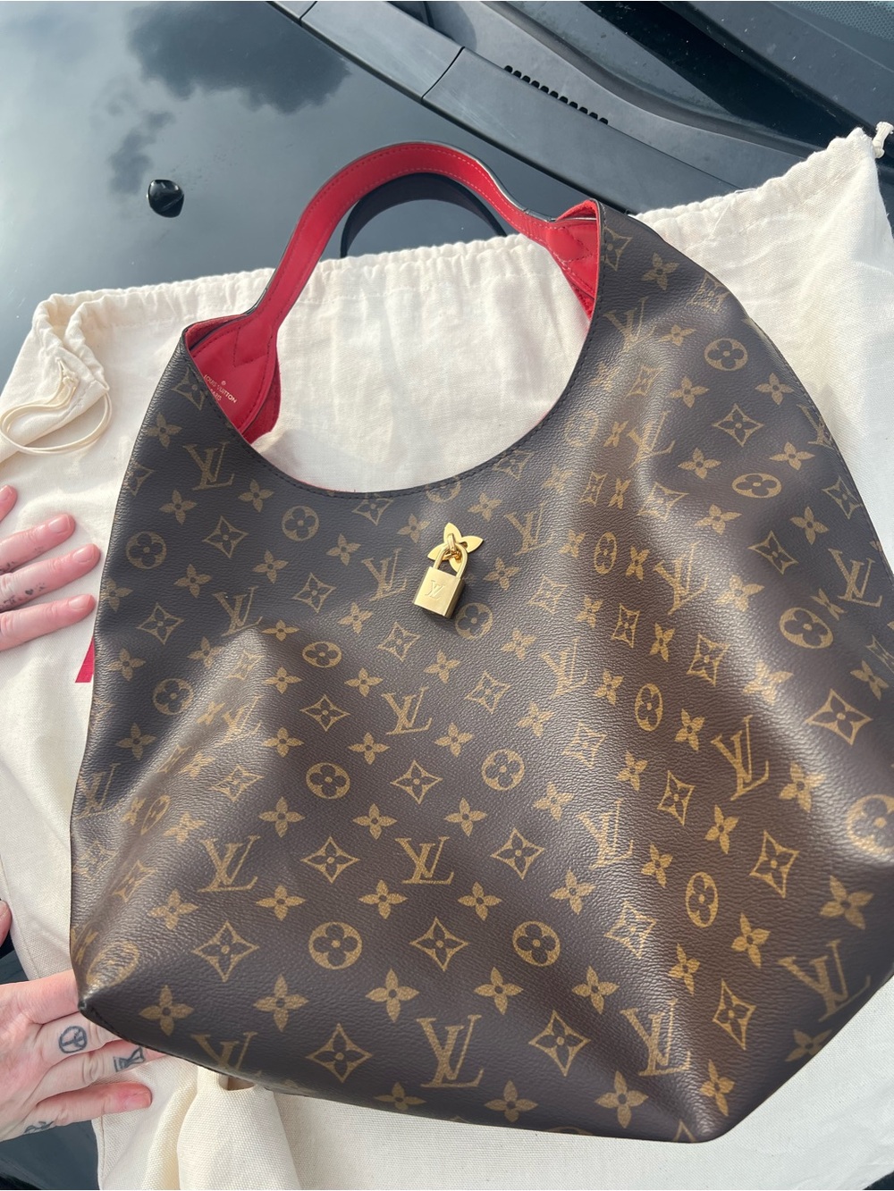 Authentic Louis Vuitton Monogram Flower Hobo Bag with Pouch & Charms – Red/Ceris